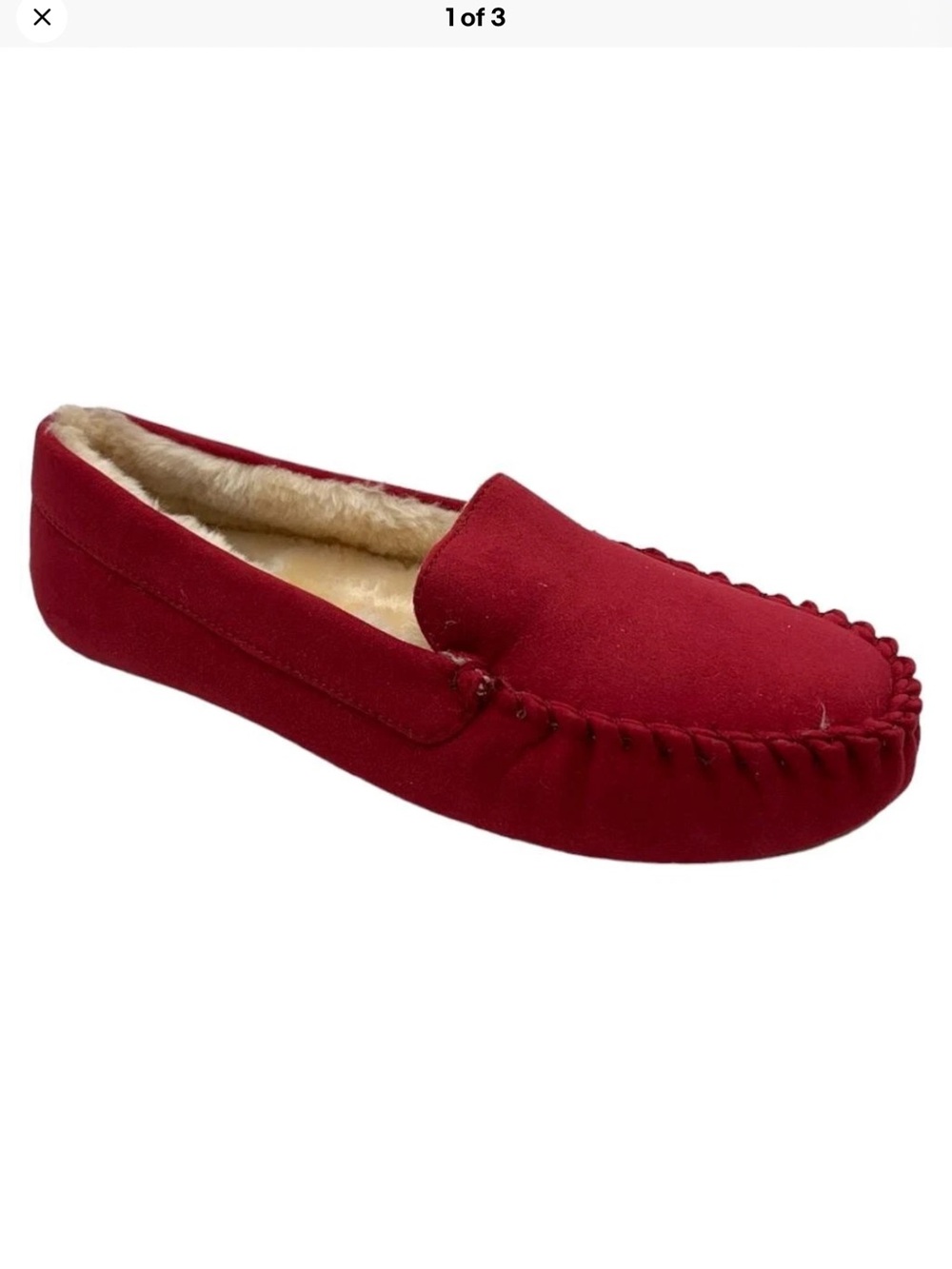 NWT - FLOOPI - Women's Faux Fur Lines, Faux Suede Moccasin Slippers, Red, 8